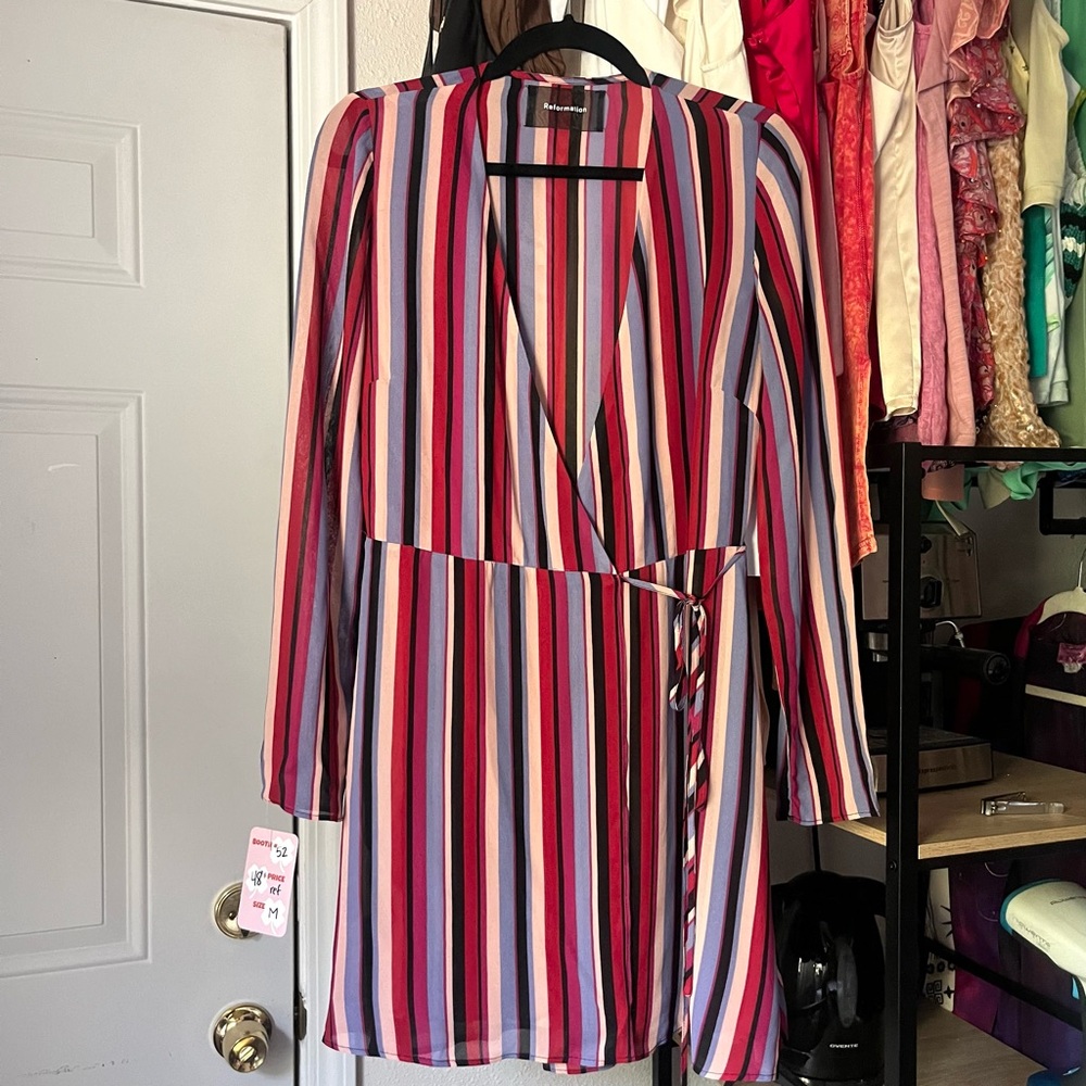 NWOT REFORMATION red pink‎ purple striped viscose long sleeve mini wrap dress